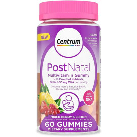 Centrum Gomitas multivitamínicas posnatales con biotina y DHA, sabores mixtos de bayas y limón, 60 unidades, suministro para 30 días